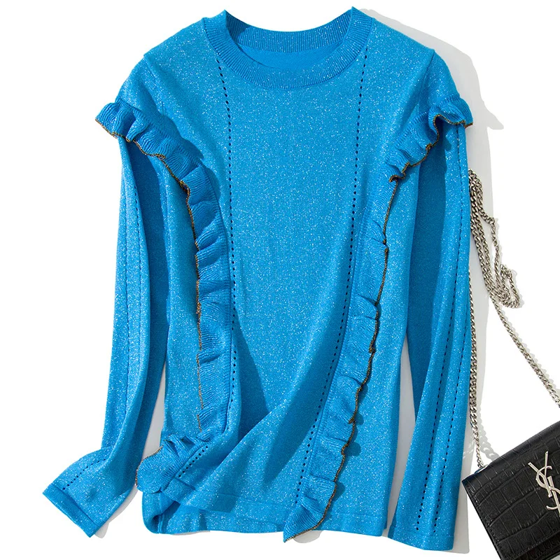 Solid hollow out elastic knit loose sweater 2018 new long sleeve o-neck women autumn sweater