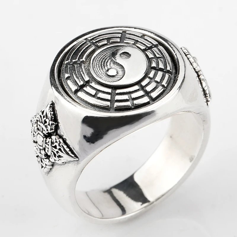 

925 Sterling Silver Men Ring Tai chi Yin Yang Gossip Prayer Asian Antique Ring For Men Women Solid Silver Fashion Jewelry