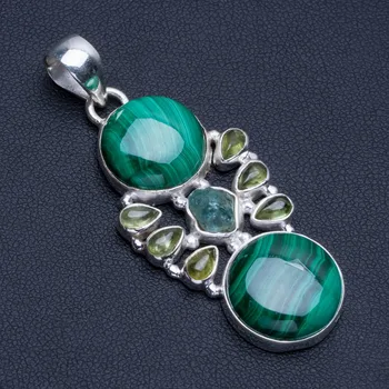 

Natural Malachite,Peridot and Rough Aquamarine Punk Style 925 Sterling Silver Pendant 2 1/4" R0748