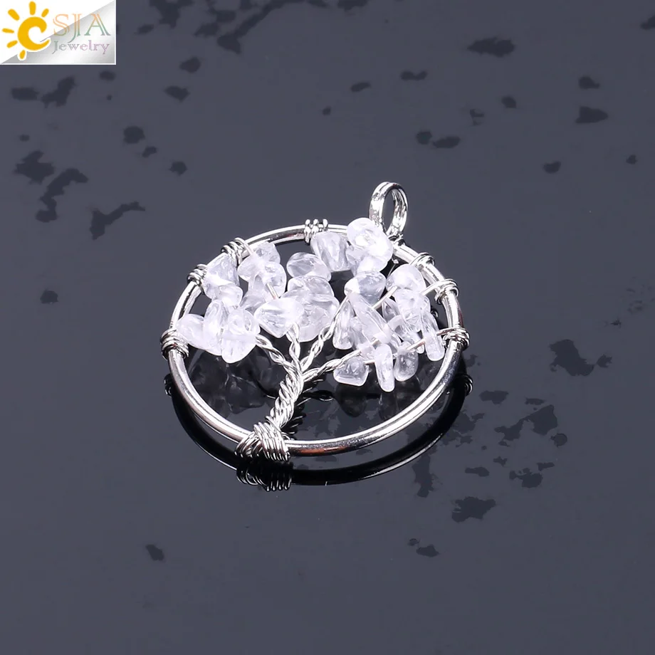 CSJA Древо жизни ожерелье и подвеска серебряный цвет кристалл натуральный драгоценный камень чип бусины 7 Чакра проволока обернутая женские ювелирные изделия F141 - Окраска металла: White Crystal