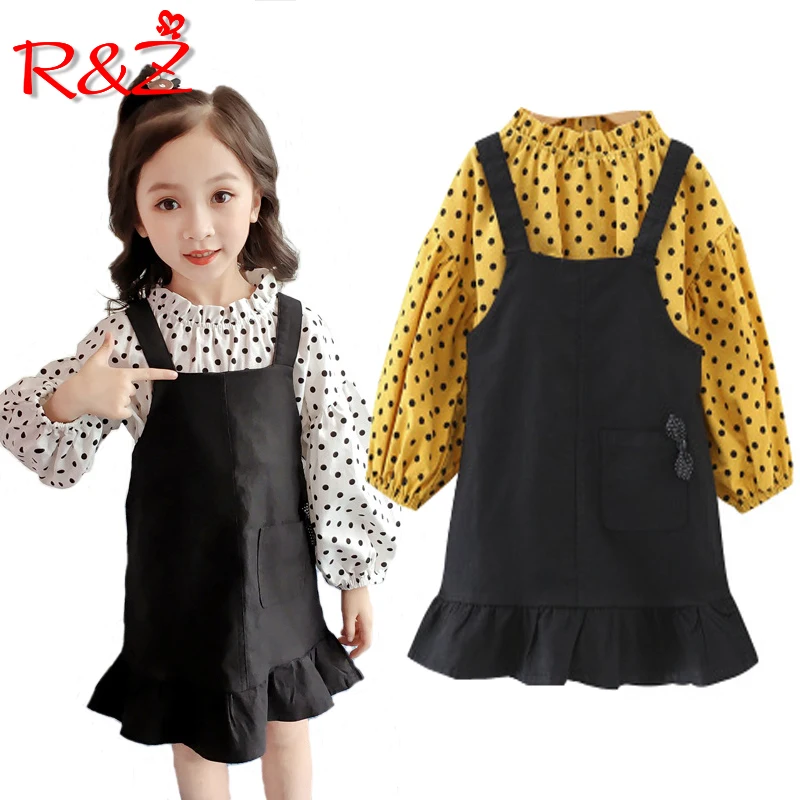 

R&Z Girls Spring and Autumn Set 2019 New Korean Cute Sweet Middle and Small Children's Bib Skirt Polka Dot Shirt Two Piece Set