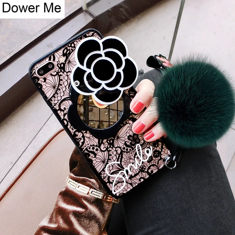 

Camellia Mirror Lace Flower With Fox Fur Ball Pendant Hand Strap Case Cover For iPhone 11 Pro XS Max XR X 8 7 6 6S Plus 5 5S SE