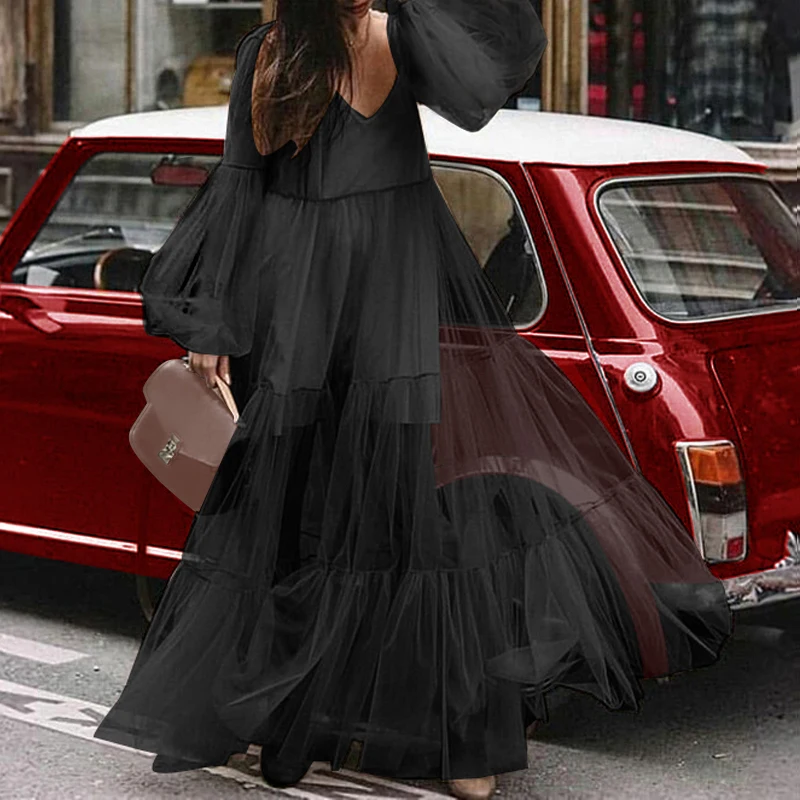 

VONDA Women Black Party Dress 2019 Autumn Sexy V-Neck Lantern Long Sleeve High Waist Maxi Dresses White Long Vestido Plus Size