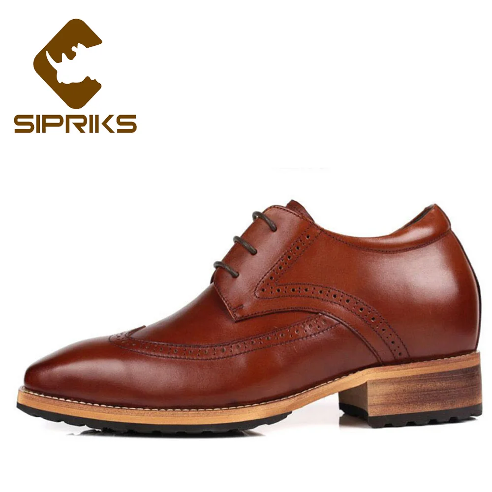 Sipriks Brown Leather Hidden Heel Shoes Men Oxfords Elevator 8 CM Boss Male Retro Brogue Shoes Elegant Black Gents Suit Shoes