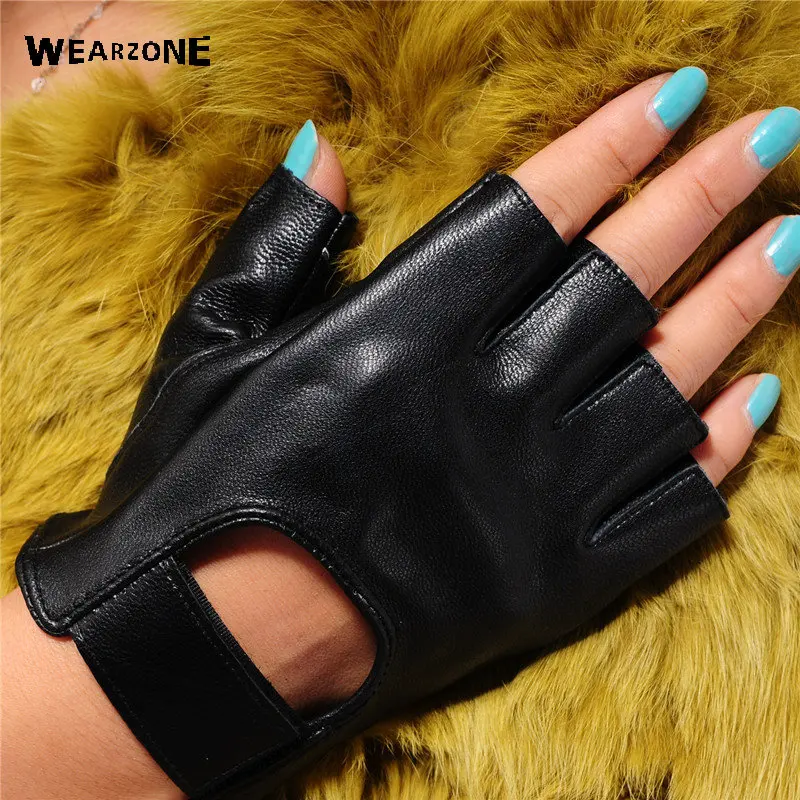 2017 Genuine Leather Half Finger Gloves Women Summer Breathable Driving