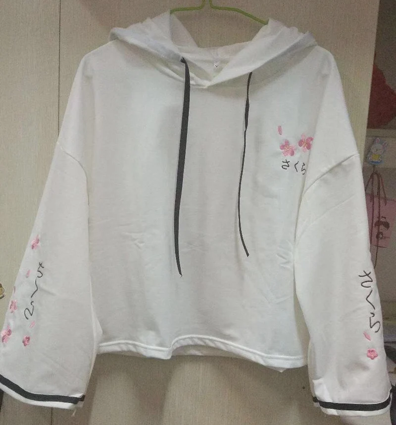  Mori girl Japanese Autumn Sweatshirt New embroidery cherry bow flare sleeves hooded women bts short