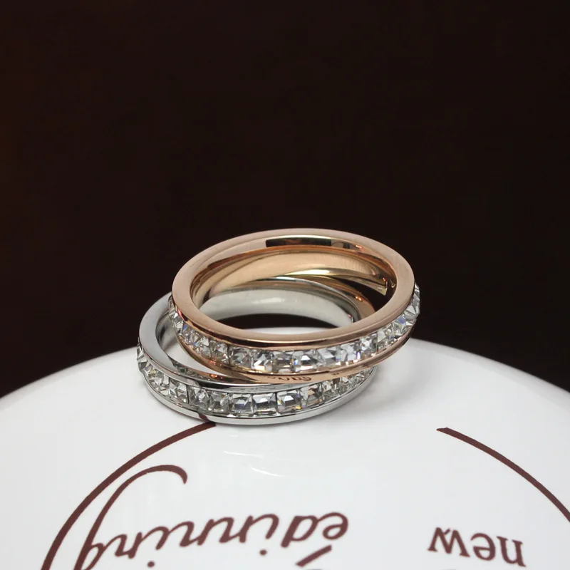 

Bilincolor fashion rose gold /silver color stainless steel rhinestone wedding ring for women and men