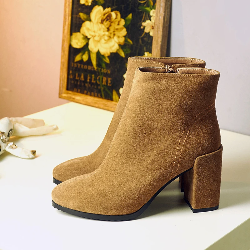 

Women High Heels Boots 2017 Autumn Square Toe Genuine Leather Suede Boots Ankle Nubuck Boots Zipper European Style Shoes A6464