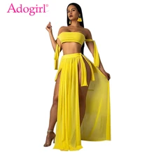 Adogirl Solid Tankini Swimwear Summer Beach 3 Piece Set Strapless Lace Up Tube Top + Panties + Side Slit Maxi Skirt Beach Dress double slit lace up mini skirt