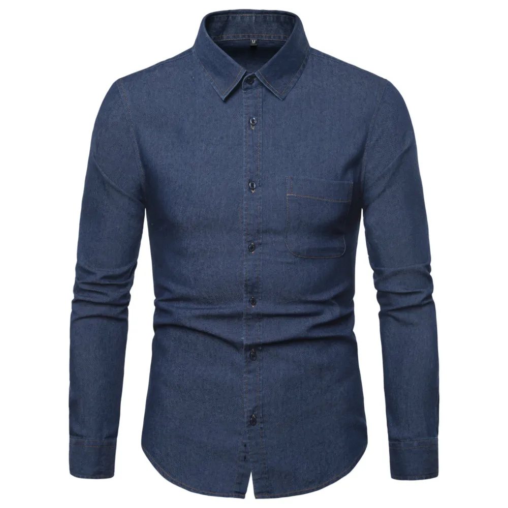 

2019 spring new denim shirt men's long-sleeved casual shirt solid color denim shirt men's clothing