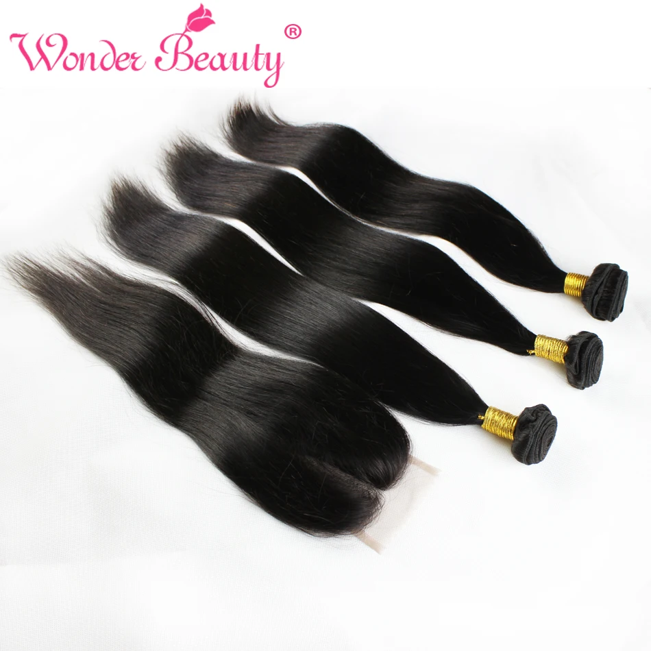 Peruvian Virgin Human Hair Straight With Closure 3 Bundles Wonder Beauty Straight Hair With Middle Free Three Part Lace Closures