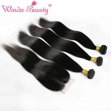 Peruvian Virgin Hair Straight With Closure 3 Bundle Deals Wonder Beauty Unprocessed Straight Human Hair Weave