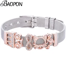 BAOPON ювелирные изделия Crowm горный хрусталь Шарм Хранитель тонкие браслеты кошка и велосипед слайд из нержавеющей стали сетки Браслеты для женщин подарок