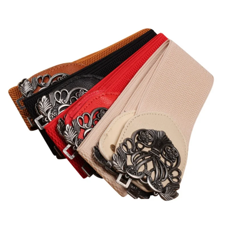 

High Quality Women's Vintage Metal Flower Elastic Stretch Buckle Wide Waist Belt Waistband