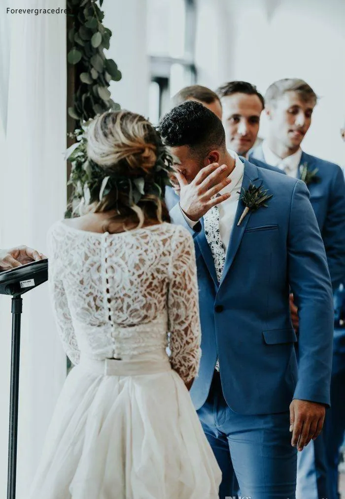 Simple Long Sleeve A-Line Two Pieces Beach Country Wedding Dresses 2018 Chiffon Ruffles Lace Top Boho Custom Made Bohemian Bridal Gowns  129 (8)