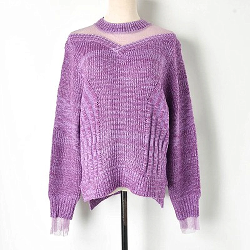 

Korean Version of The Golden Bright Line Silk Lace Stitching Perspective One-shoulder Sweater Solid Color Straight Women's Shirt