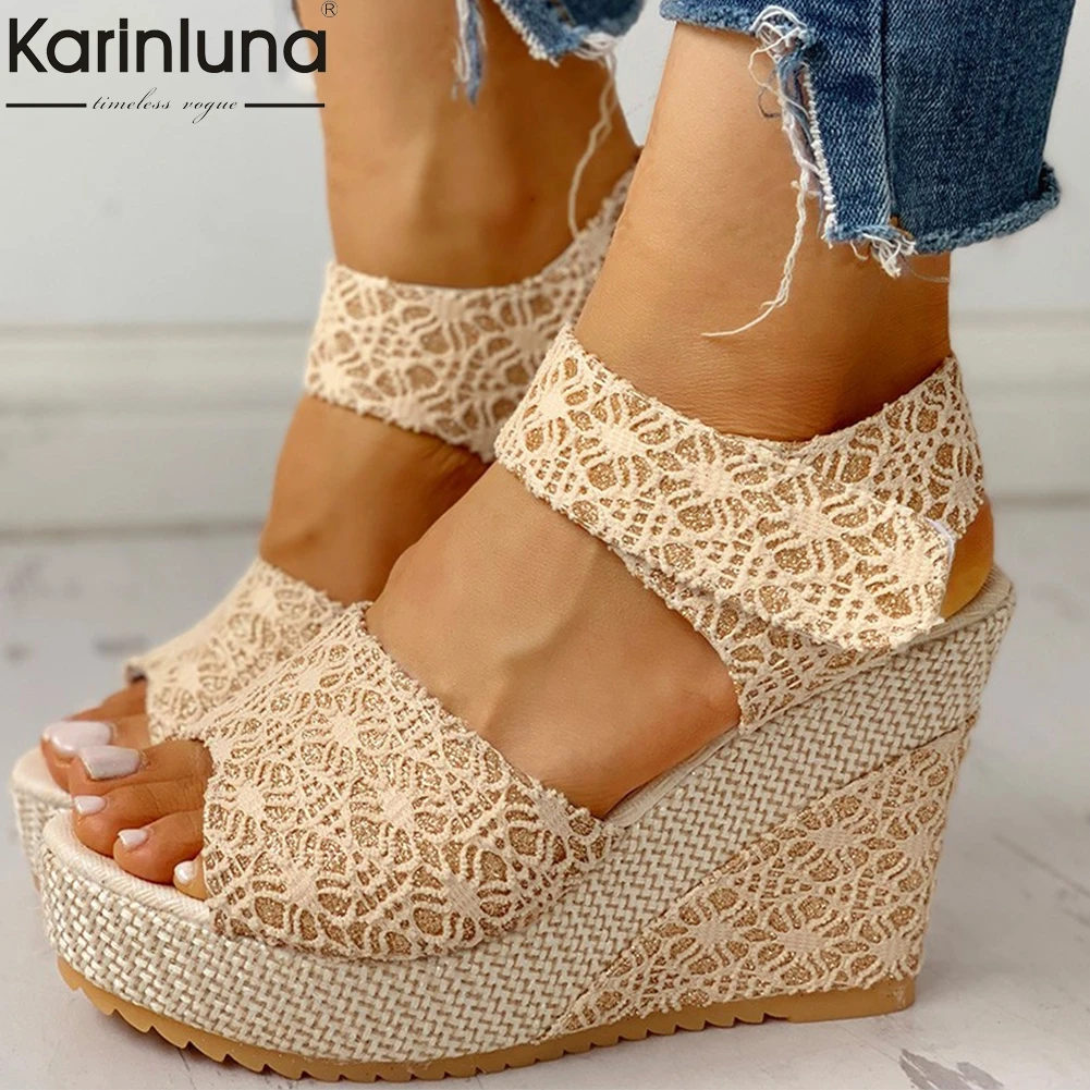 

INS Hot Lace Leisure Women Wedges Heels Women Shoes 2019 Summer Sandals hook&loop Platform High Heels Shoes Woman