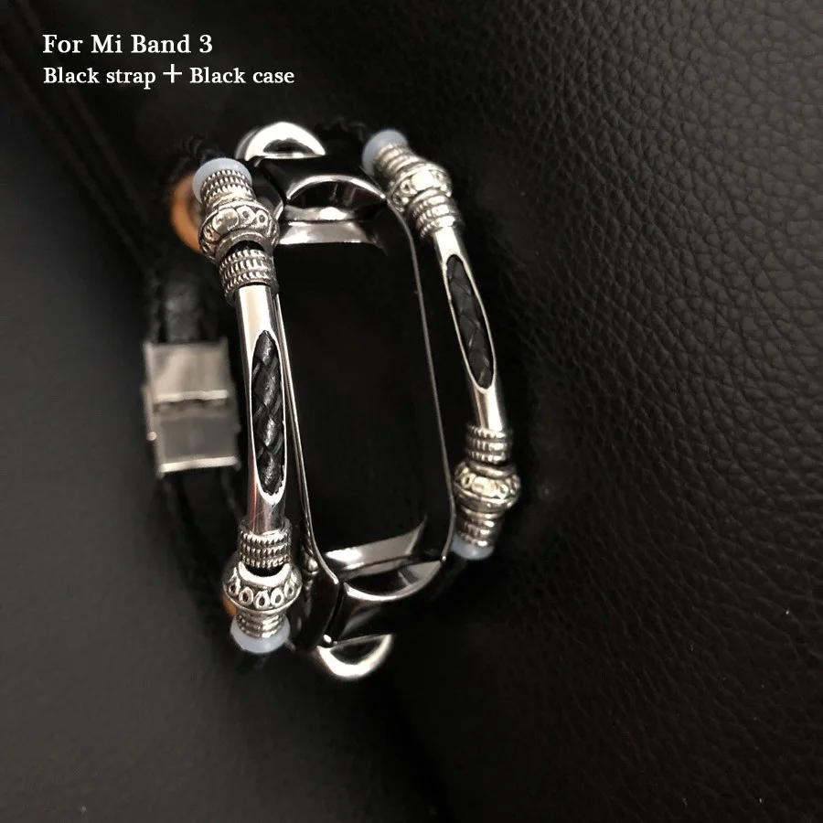 Для mi Band 3 браслет из натуральной кожи ремешок для часов Ремешок для Xiaomi mi группа 4 браслет аксессуары для mi Band 3 ремешок металлический чехол - Цвет: Black