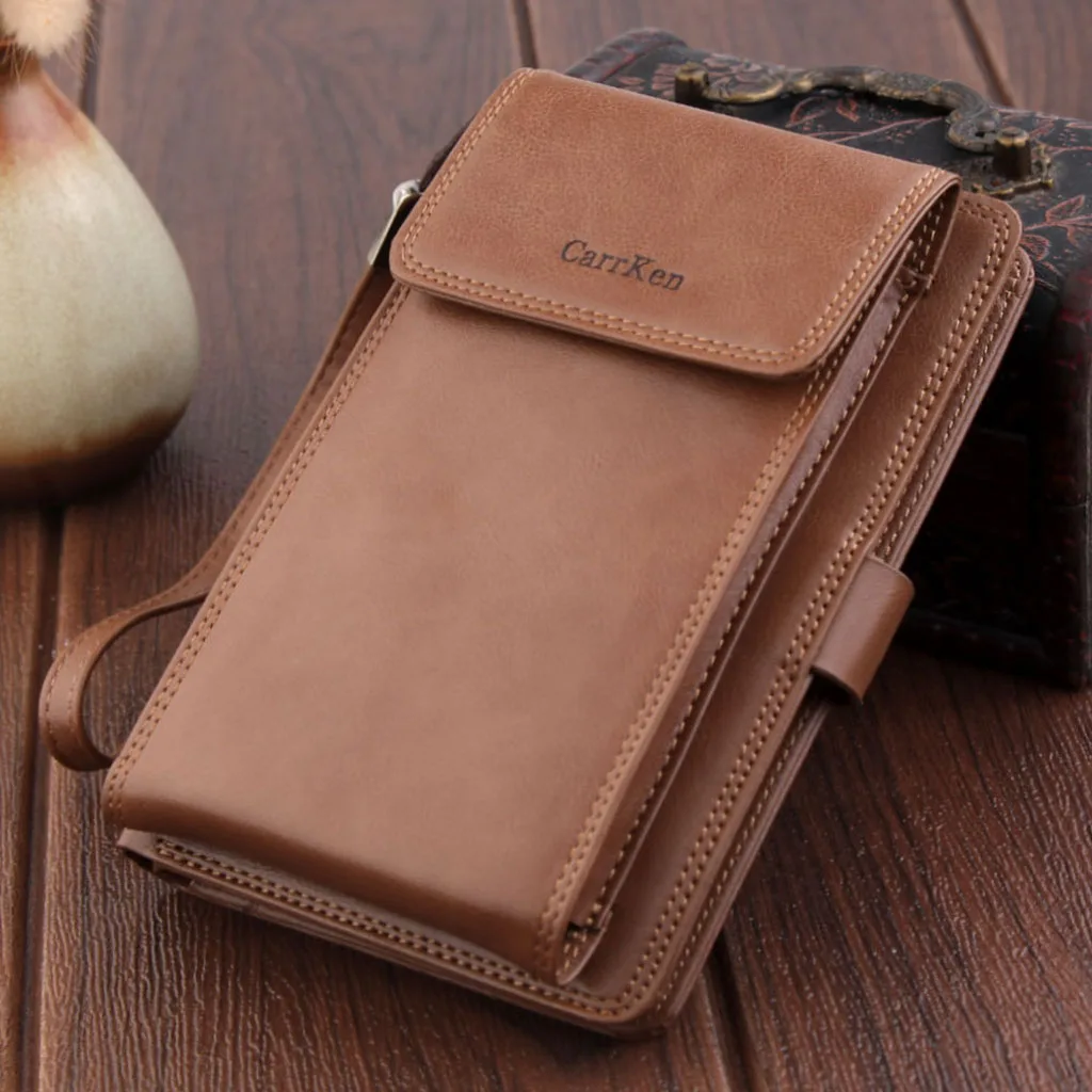 Мужской кожаный кошелек на молнии, деловая сумка для телефона, держатель для карт, клатч, сумочка, кошелек