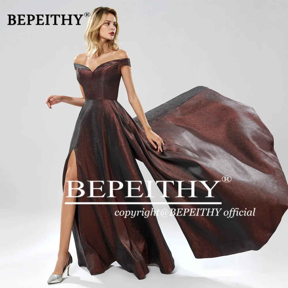 BEPEITHY Robe De Soiree длинное вечернее платье с открытыми плечами, элегантные вечерние платья с разрезом, блестящее сексуальное платье для выпускного вечера