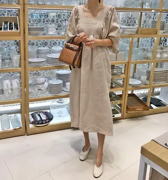 

Summer dress 100% cotton and linen loose large size long dress puff sleeve A word khaki casual dress female