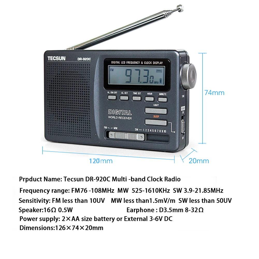 TECSUN DR-920C цифровой портативный Будильник Радио дисплей FM/MW/SW мульти диапазон с высокой чувствительностью ЖК-аудио