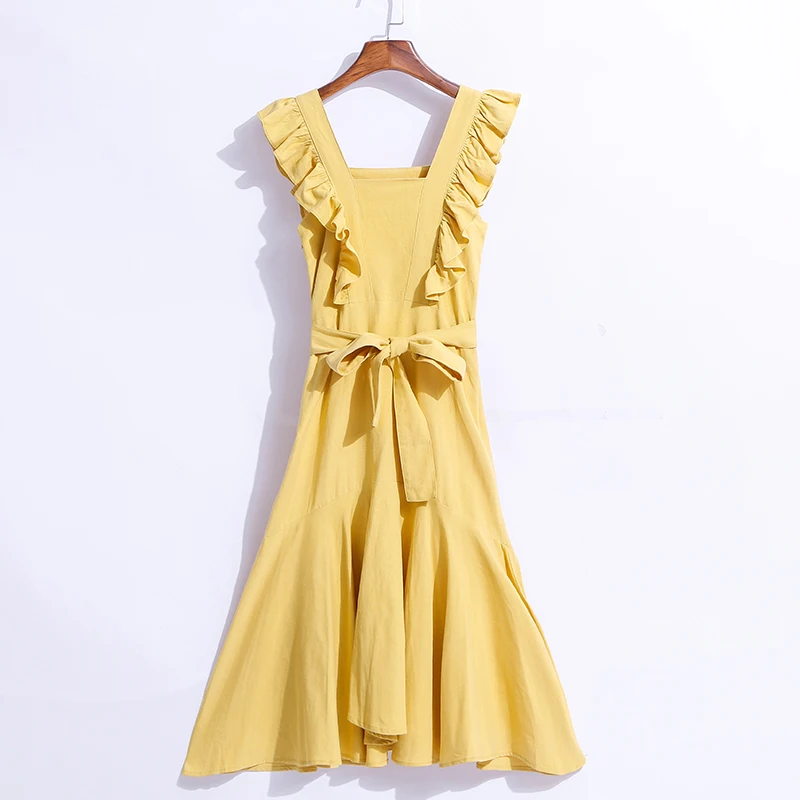 

PERHAPS U yellow ruffle sleeveless tank osquare collar knee length dress empire bow asymmetrical mermaid dress summer D1495