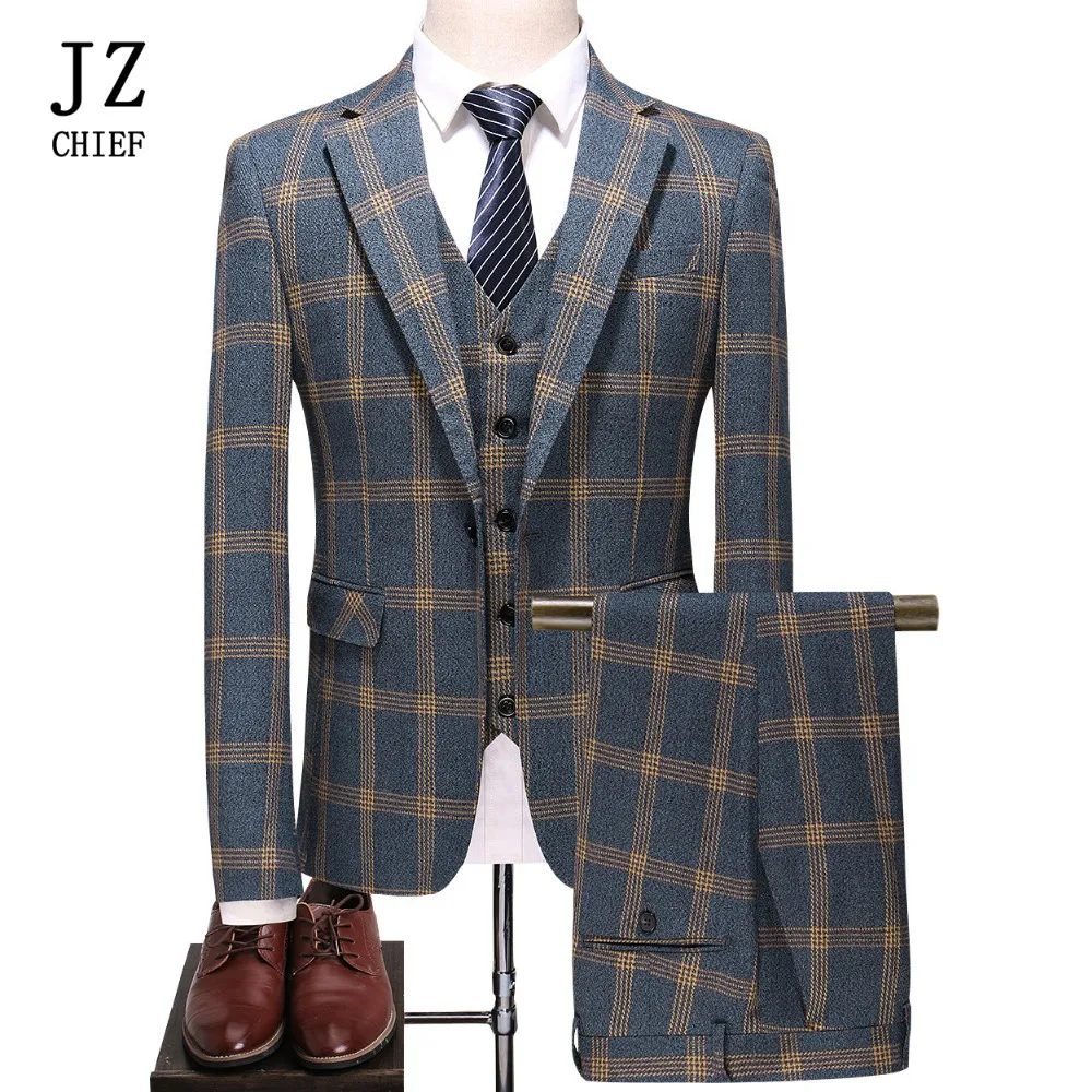 

JZ CHIEF Elegant Men Wedding 3 Piece Suits Yellow Plaid Groom Wedding Suit Slim Fit Casual Business Coat Pants Vest Blazer Suit