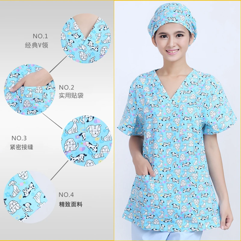 Dogs Printed Doctor Nurse Uniform Women Short-sleeve Scrub Sets Medical Uniform Hospital Dental Clinic Beauty Salon Workwear Set