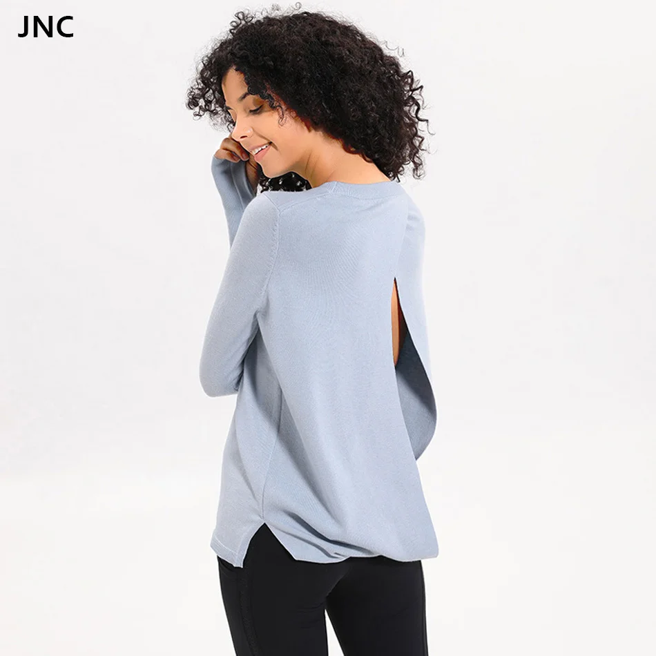 JNC Open back sexy yoga top Long sleeve wool and acrylic yoga shirts for women cut out drape gym