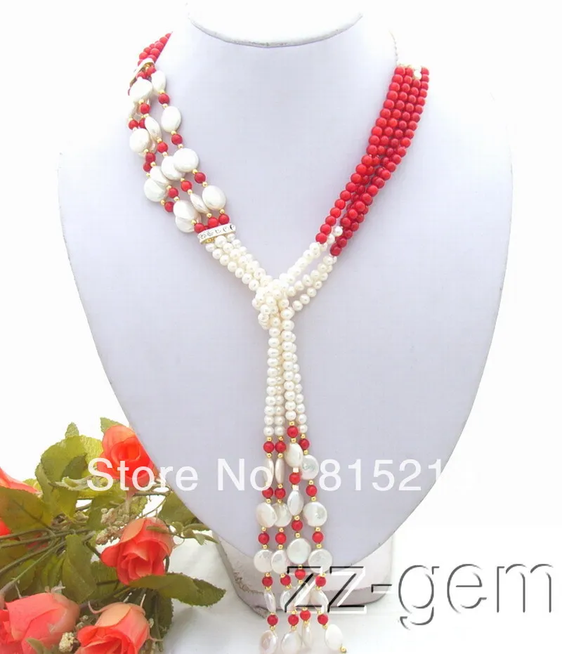 

N88 4Strds Red Coral&12mm Coin Pearl Necklace % Discount AAA