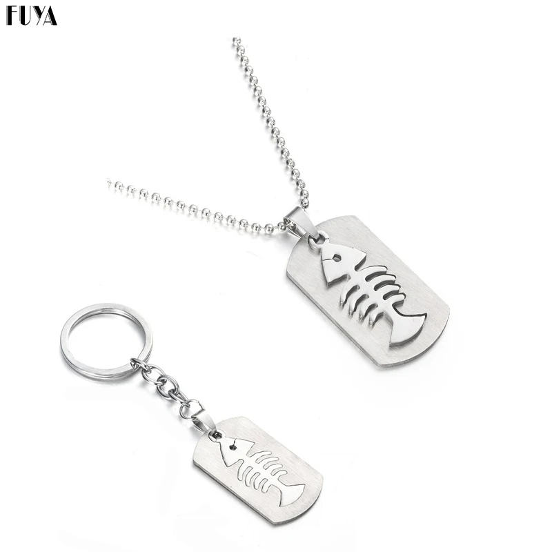 Espinha de peixe Pingente Colares de Cadeia Para Mulheres Colar & Pingentes Esqueleto de Peixe & Gancho De Pesca de Aço Inoxidável Chaveiro Homens Jóias