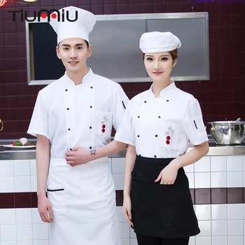 

3 Colors M-3XL Wholesale Women Men Short-sleeve Double Breasted Kitchen Sushi Restaurant Work Cloth Chef Jacket Catering Uniform