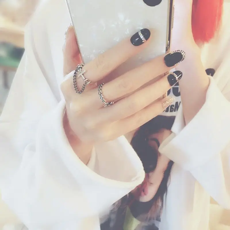 

Ins Black 24pcs/set Phototherapy Nails Fake Fingernails Cover False Nails Lady Full Nail Tips Patch Short With double-sided Tape