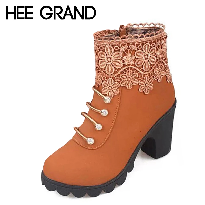 HEE GRAND 2016 Women Boots Fashion PU Leather Round Toe Ankle Boots Sexy Lace Ladies High Heels Platform Shoes Woman XWX2967