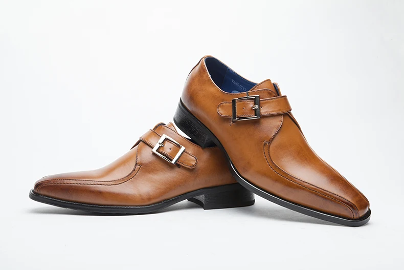 Misalwa/мужские кожаные оксфорды; строгие туфли с ремешком в стиле монах; Лоферы без застежки с пряжкой; Простые современные коричневые туфли; обувь в деловом стиле