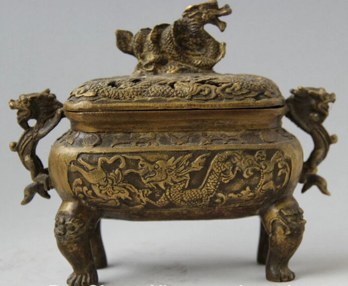 

874++6" Old Marked Chinese Dynasty Copper Dragon Beast 4 Foot Incense Burner Censer statue