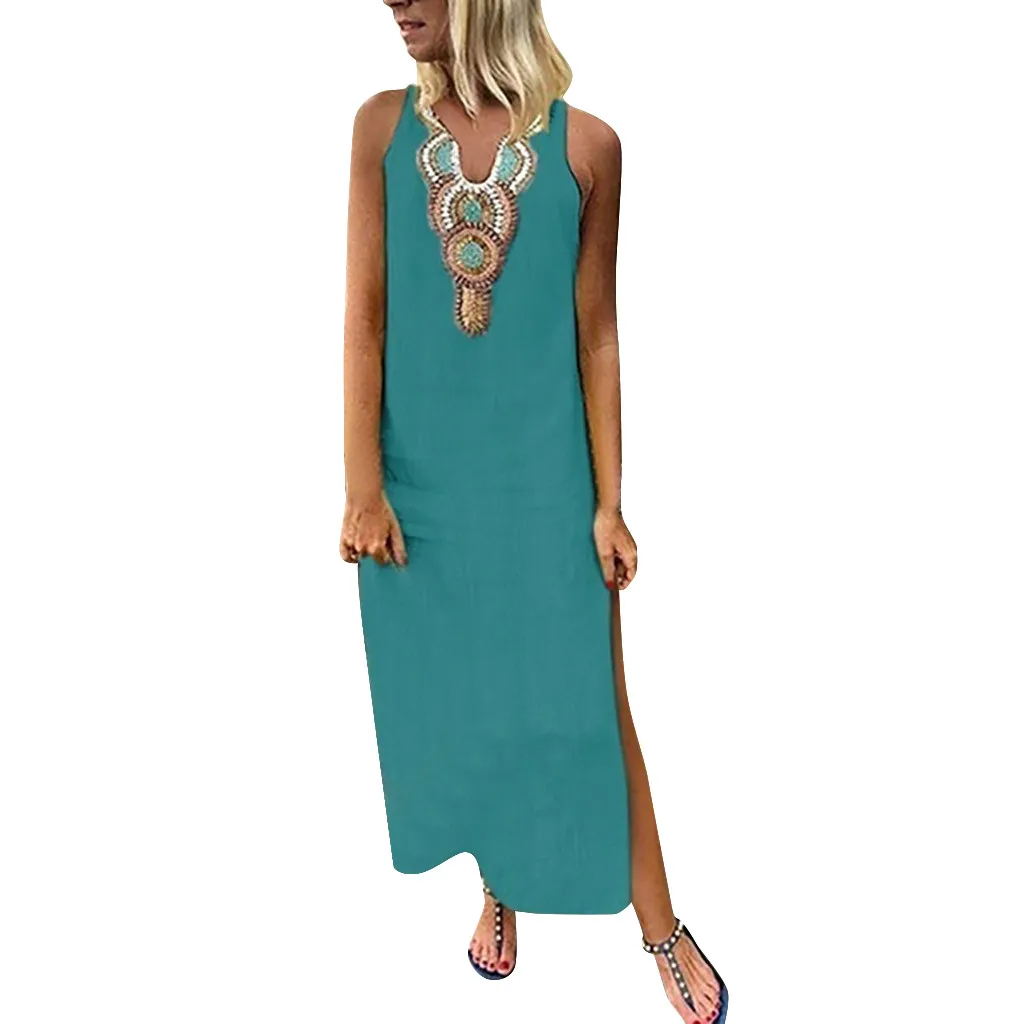 Womens Printed Maxi Dress Sleeveless V-neck Maxi Dress Split Hem Baggy Kaftan Long dresses woman party night vestidos verano Womens Printed Maxi Dress Sleeveless V-neck Maxi Dress Split Hem Baggy Kaftan Long dresses woman party night vestidos verano
