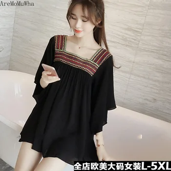 

AreMoMuWha Large size women's 2019 summer dress new fat mm fat sister in the long paragraph cover belly a word chiffon L-4XL 589