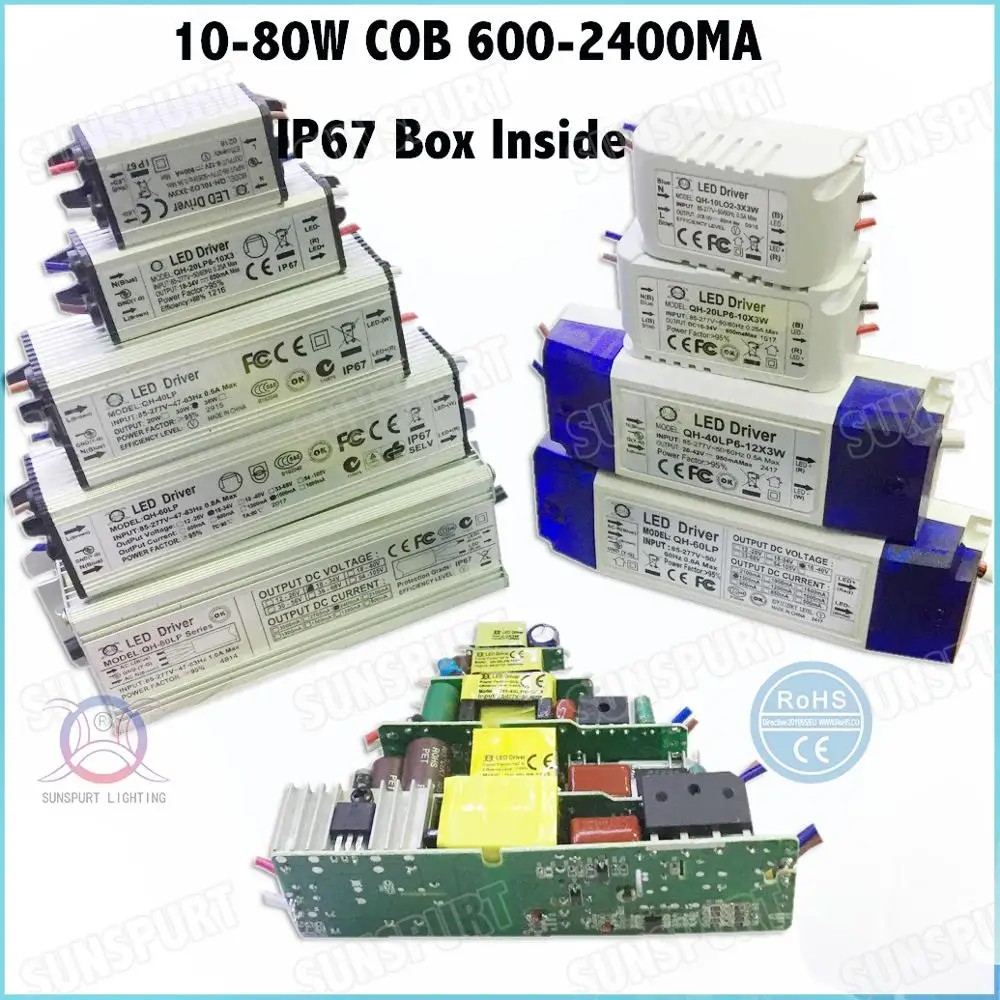 Высокий PFC 10 80 Вт COB AC85 277V светодиодный драйвер 600 2400mA DC5 40V постоянный ток внутри