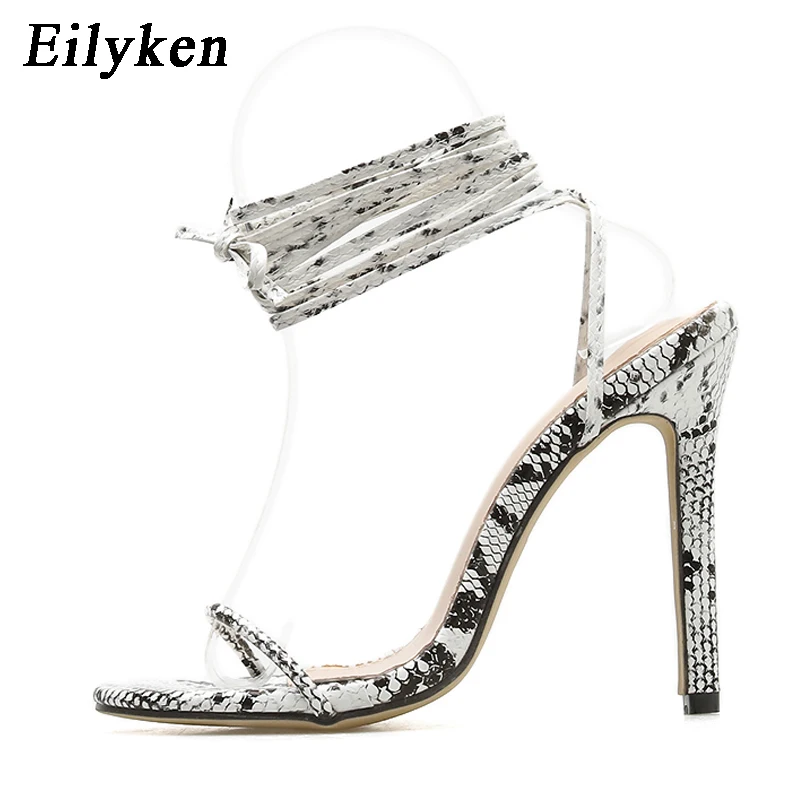 Eilyken/летние женские босоножки на шнуровке; сандалии-гладиаторы со змеиным принтом на высоком каблуке; пикантные женские босоножки на шпильке с перекрестными ремешками
