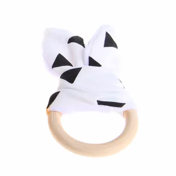 

Wooden Teether Teething Ring Handmade Baby Shower Gift Bunny Ear Cotton Toy
