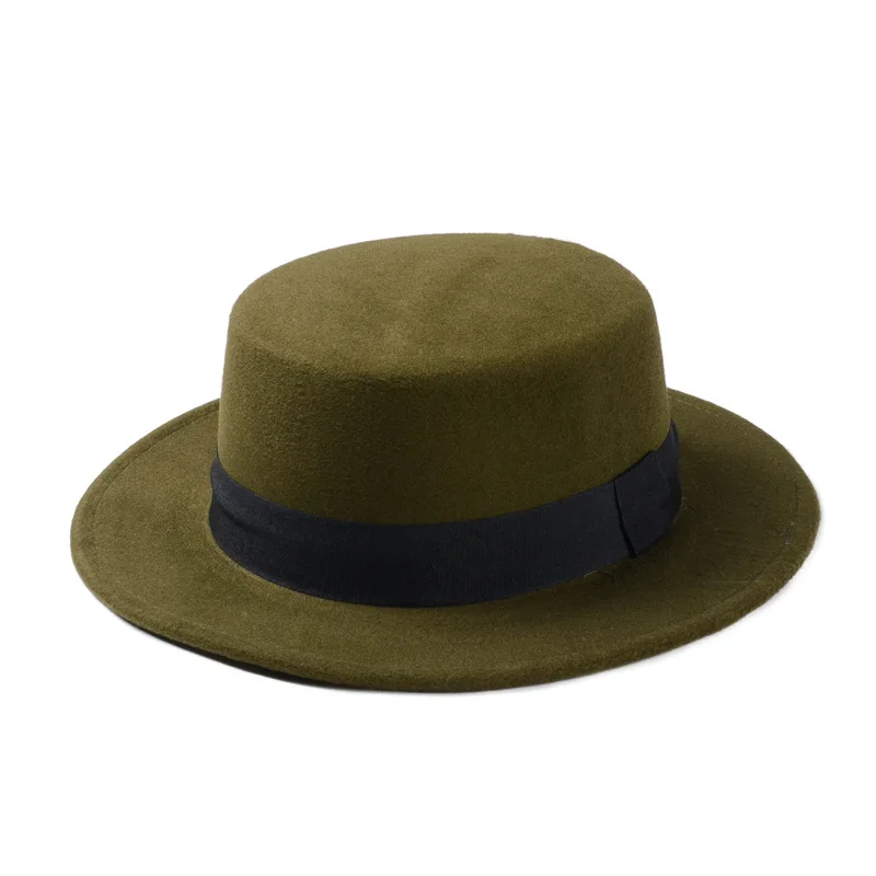 LUCKYLIANJI Vintage Retro Lady Men Women Elegant Wool Felt Flat Dome Oval Top Bowler Porkpie Pork Pie Hat(One Size: 57cm 7 1/8 - Цвет: Армейский зеленый