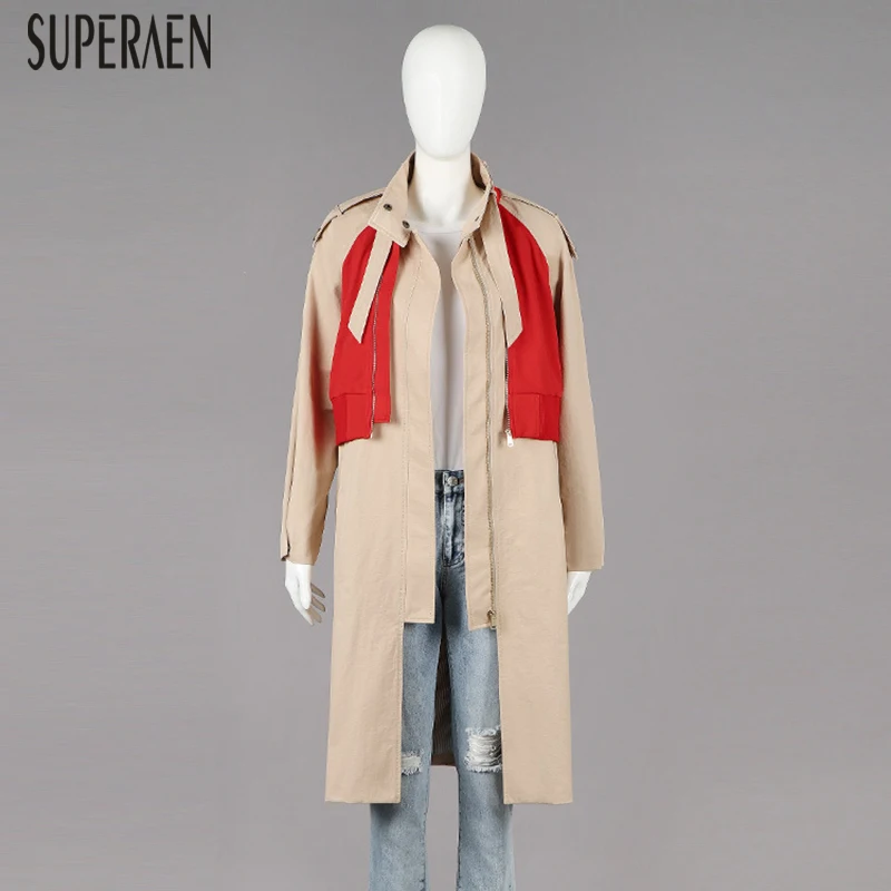 

SuperAen Fake Two-piece Fashion Trench Coat for Women Autumn New 2019 Europe Ladies Windbreaker Zipper Casual Women Clothing