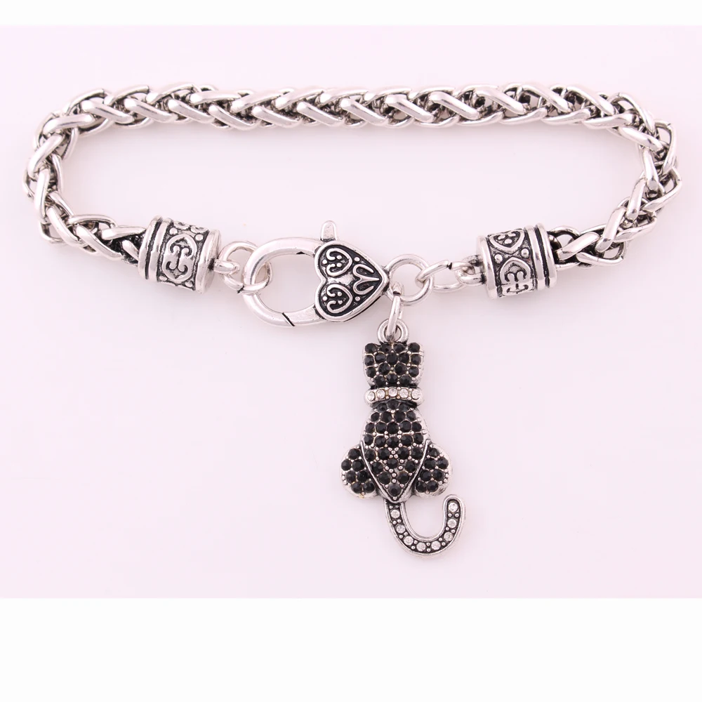 

Cat Black Crystals Silver Chain Lobster Claw Bracelet Jewelry
