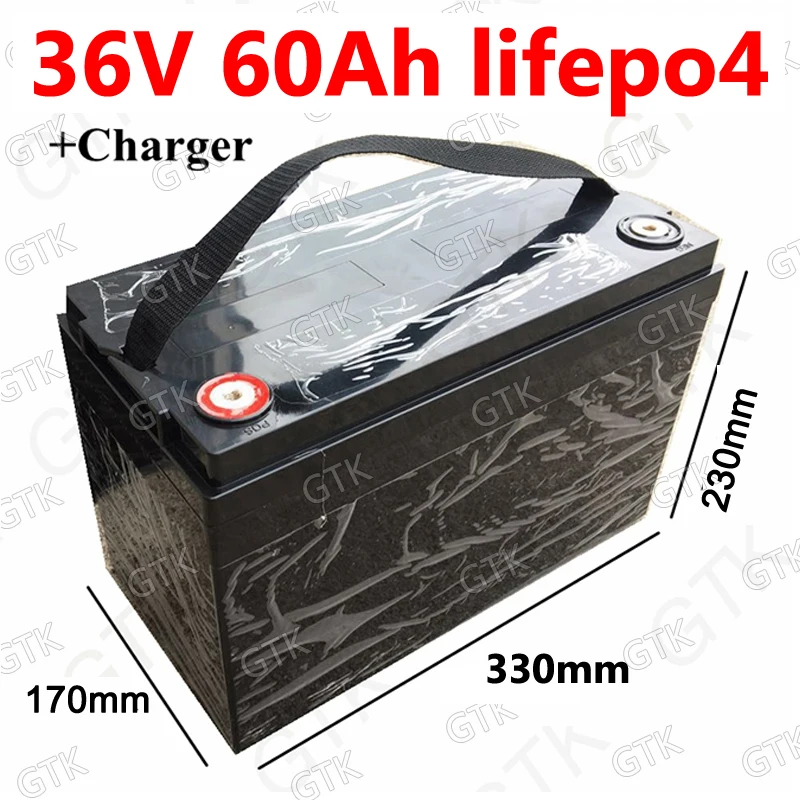 

GTK waterproof 36V 60AH Lifepo4 battery with BMS for 2000w 1500W scooter bike Tricycle Solar backup power golf cart +10A charger
