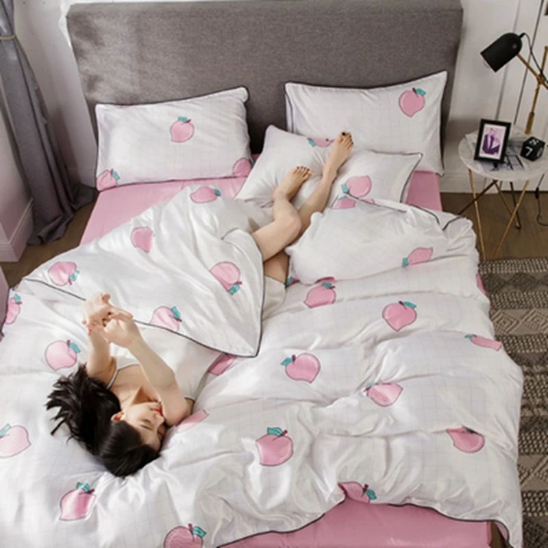 Шелковый комплект постельного белья с принтом клубники, вишни, персика, пододеяльник, простыня с 2 наволочками, женское постельное белье king size