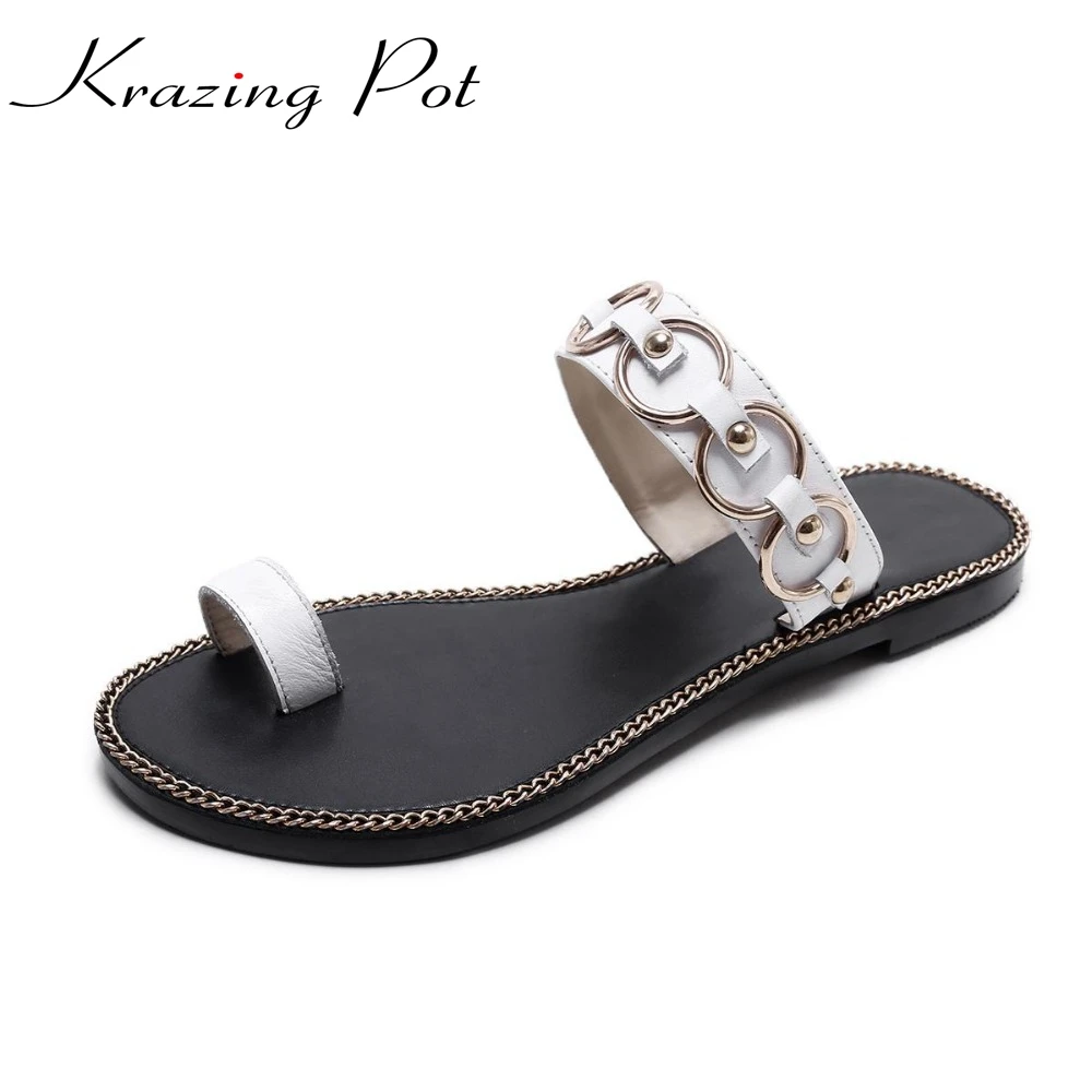 Krazing Pot genuine leather metal round fastener mules peep toe set finger sandals slip on flats