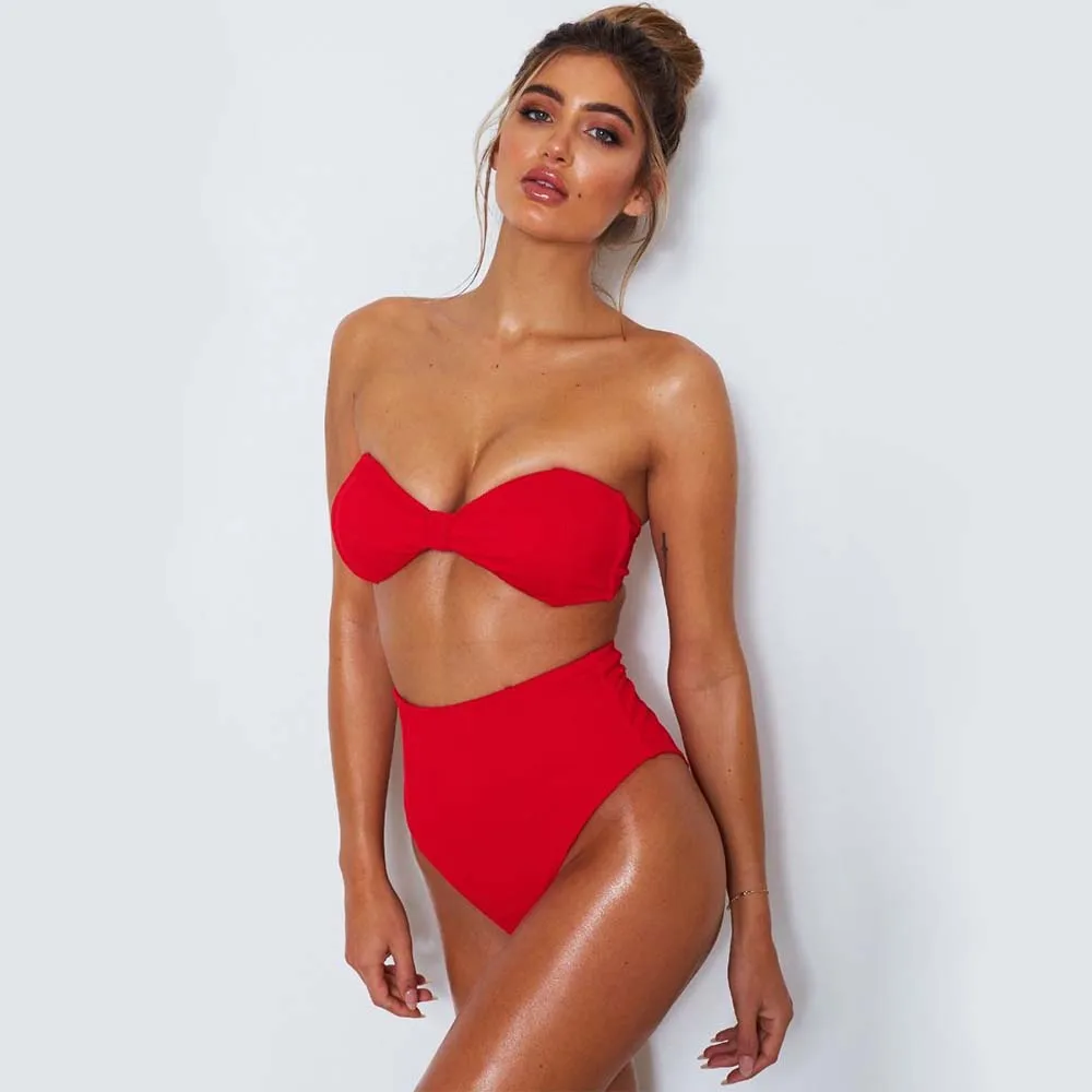 

New 2019 Womens bandeau top bikini set high waist 2 piece bathing suit ladies sexy strapless swimsuit bikiny beach swimwear