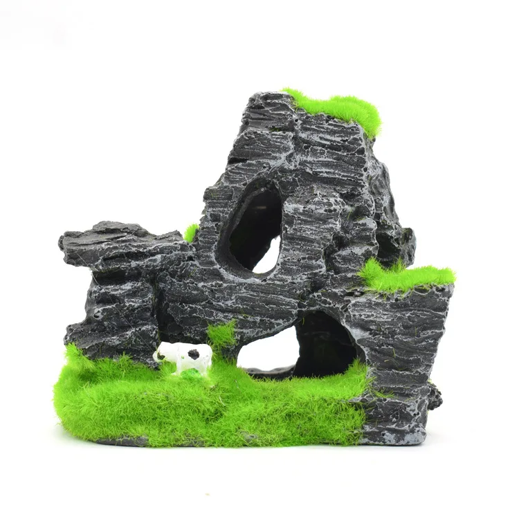 Flone Artificial Plant Resin Aquarium Landscape Decor Fish Shrimp Nest Moss Rock Mountain Dodge House Flocking Moss Rockery  (2)